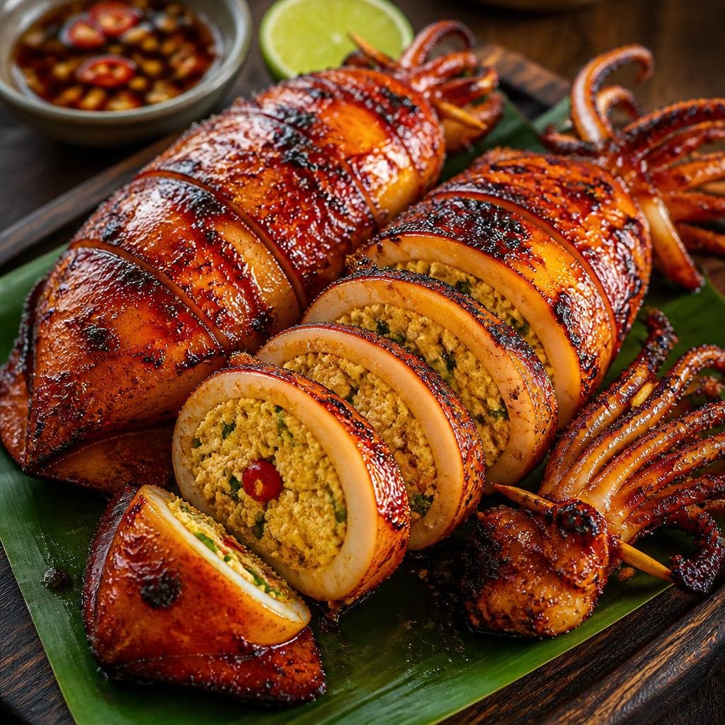 Cumi Telur Bakar Te Sate dengan bumbu bakar gurih dan sajian seafood khas